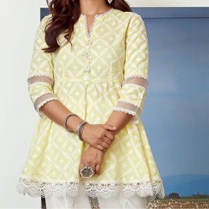 Mulmul Cotton Dew Drop‎ Light Yellow Kurta Size Small NWT